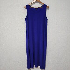 Eileen Fisher Stretch Jersey Knit Round Neck Dress 100% Silk Size Large Blue